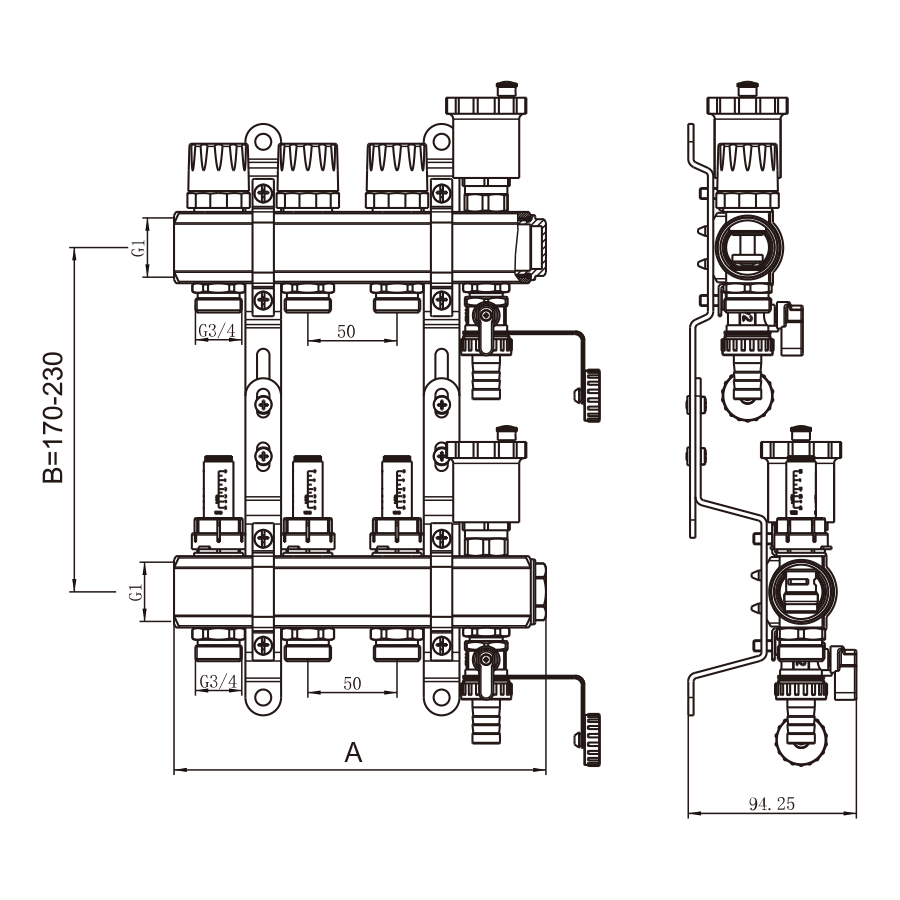 Коллекторная группа 1", 3 ходов, латунный корпус, без кранов